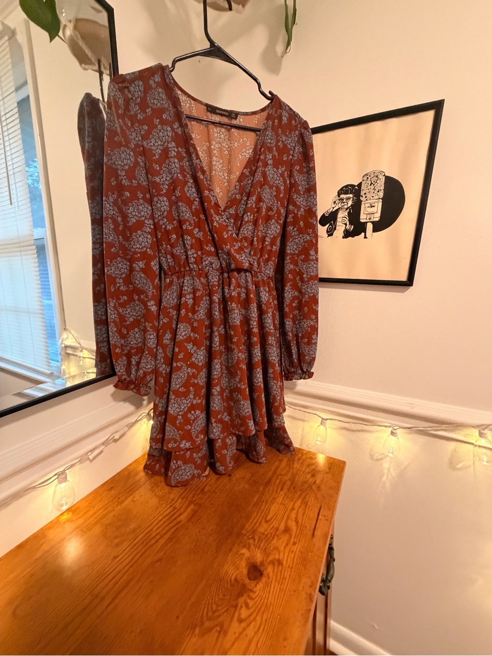 Hesperus Rust Brown Floral Wrap Mini Dress with Blue Print | Large